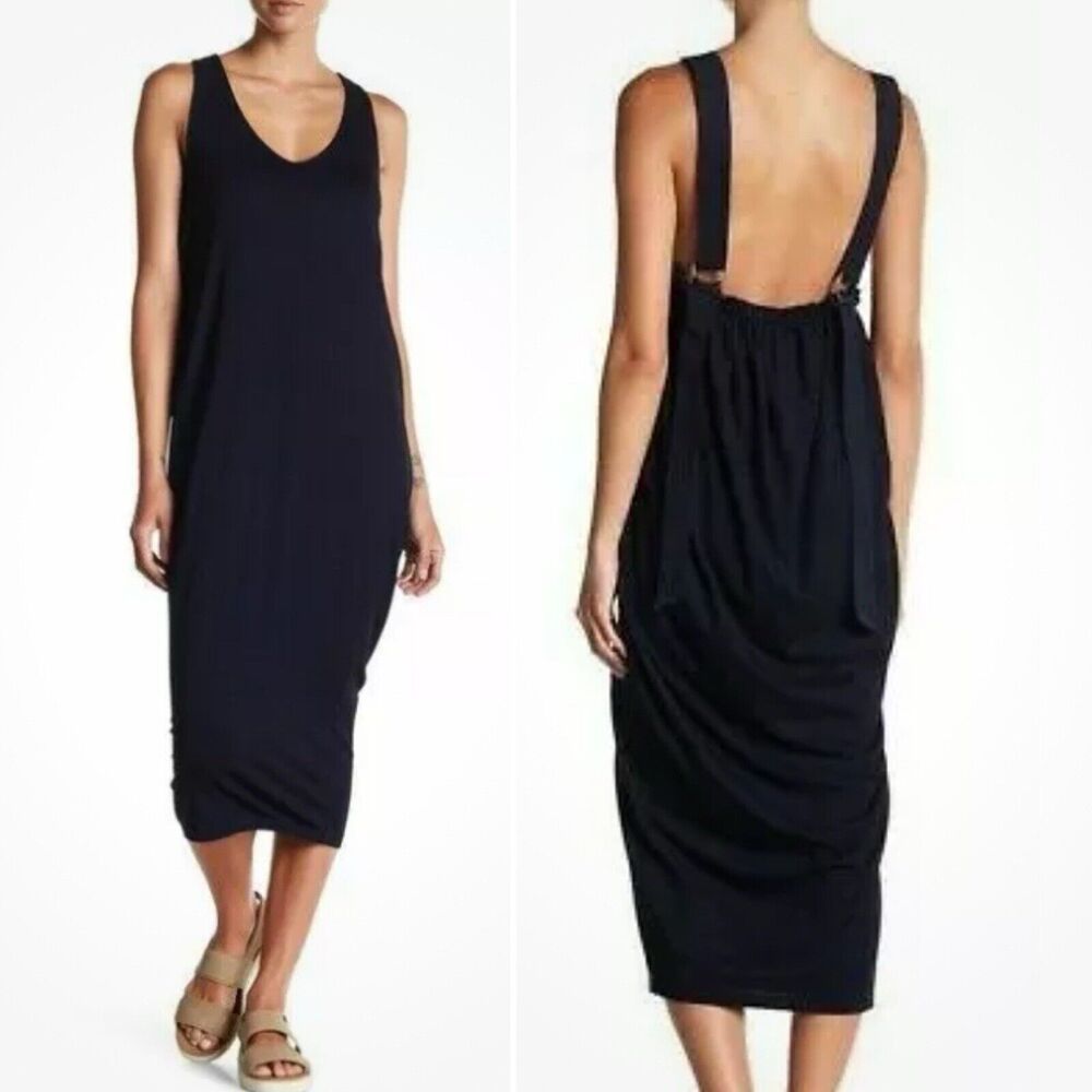 AG Dress Navy Alkaline Jersey Stretch Midi Shift Cross Back Straps Beachy Small